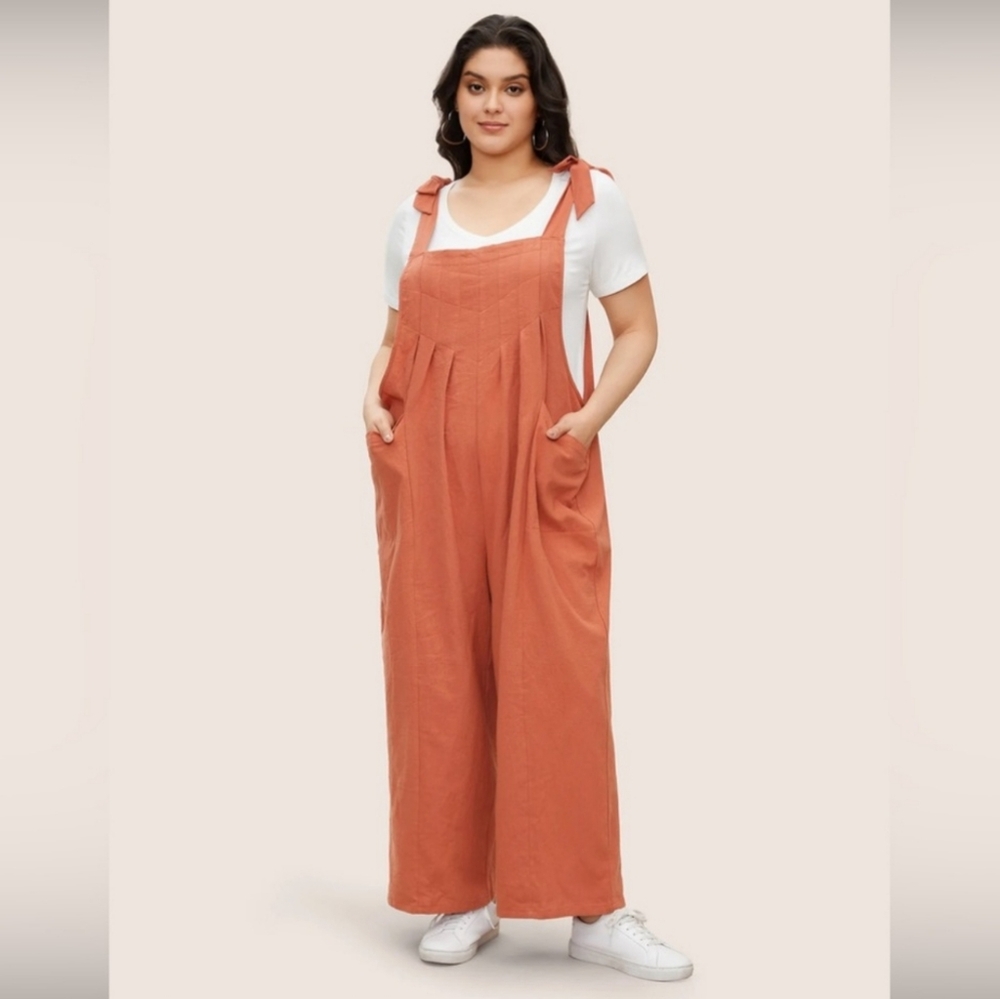 BloomChic Solid Pleated Knotted Shoulder Overall Jumpsuit Size 14/16 - Rust NWT